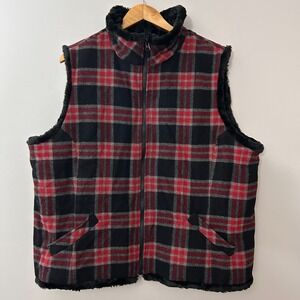 Woolrich Women's 2XL Red Black Plaid Wool Vest Faux Fur Lined Full Zip Pockets
